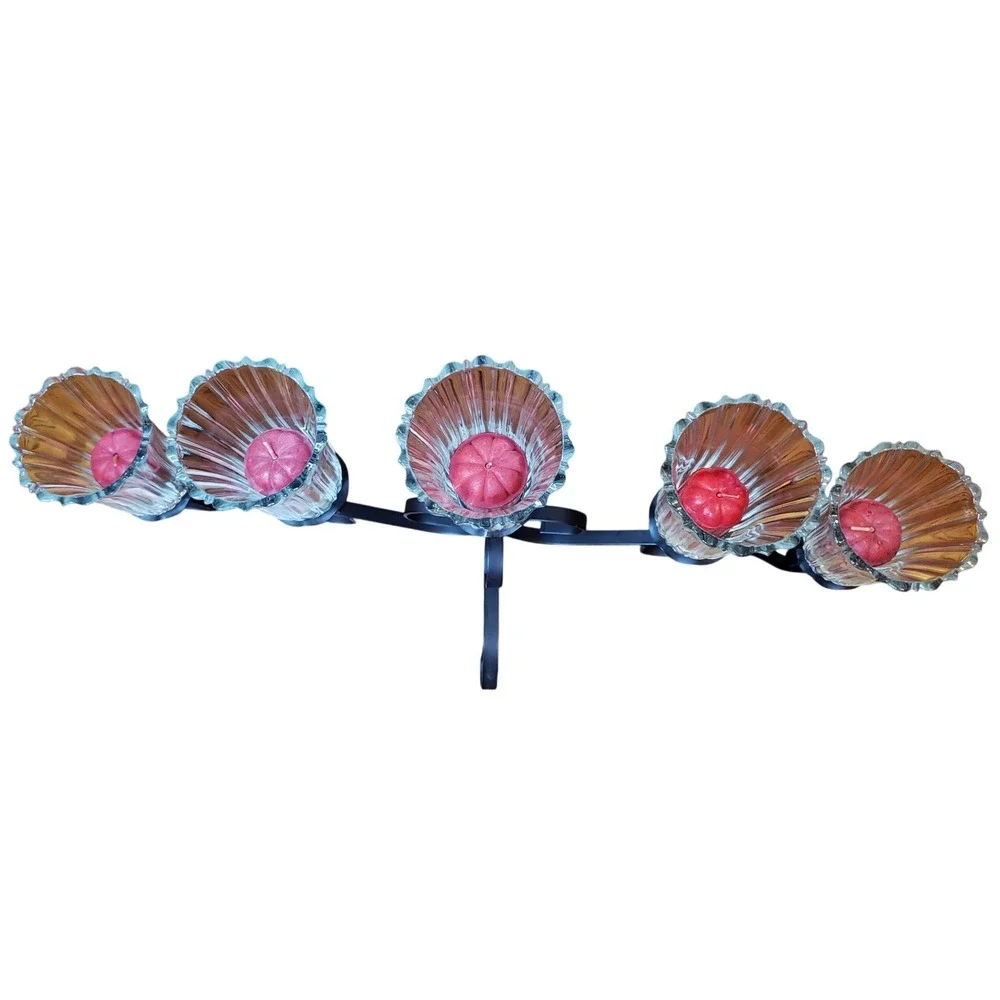 Wrought Iron 5 Light Candelabra Scroll Mantle Centerpiece Fluted‎ Glass Votives